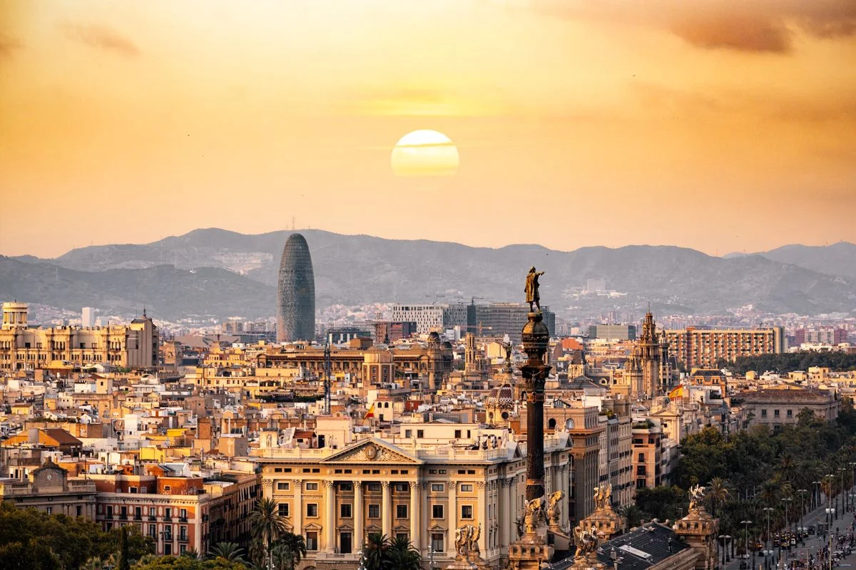 European travel scene with iconic landmarks